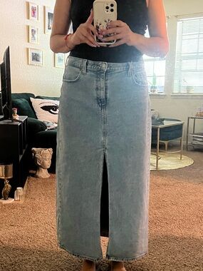 Denim Midi Skirt with Front Slit - Light Blue